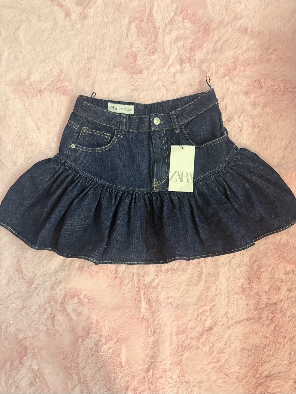 ZARA Indigo Denim Ruffle Hem Mini Skirt